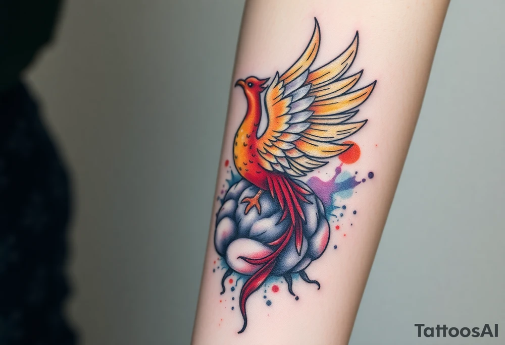 A phoenix rising out of a brain looking powerful tattoo idea