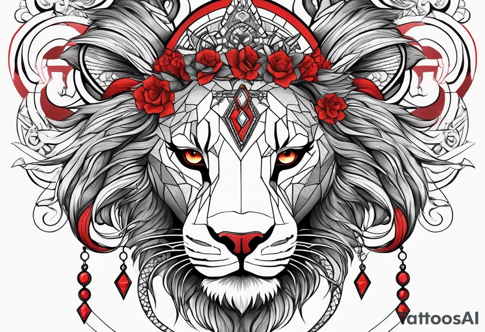 Half lion, half girl, add a crown, emphasize the eyes and use the color red, add a snake tattoo idea