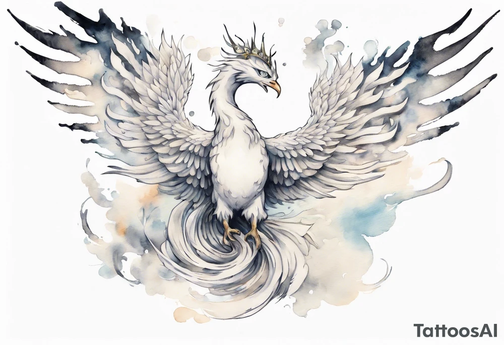 a white phoenix-serpent hybrid wearing a crown, flying in the air tattoo idea