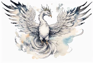 a white phoenix-serpent hybrid wearing a crown, flying in the air tattoo idea