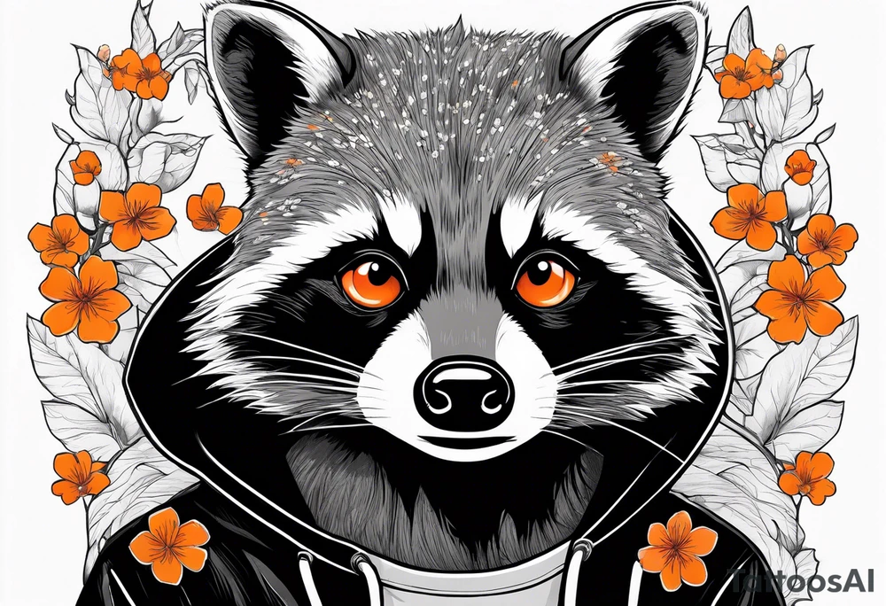 raccoon wearing a black and white Superman hoodie with orange Japanese cherry blossoms tattoo idea