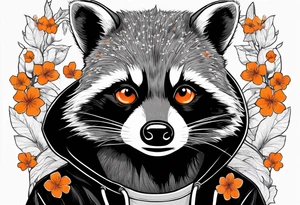 raccoon wearing a black and white Superman hoodie with orange Japanese cherry blossoms tattoo idea