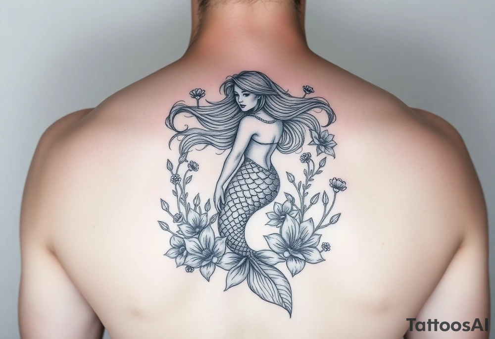 ethereal mermaid with flowing hair among coral and sea flowers tattoo idea