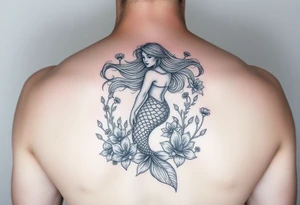 ethereal mermaid with flowing hair among coral and sea flowers tattoo idea