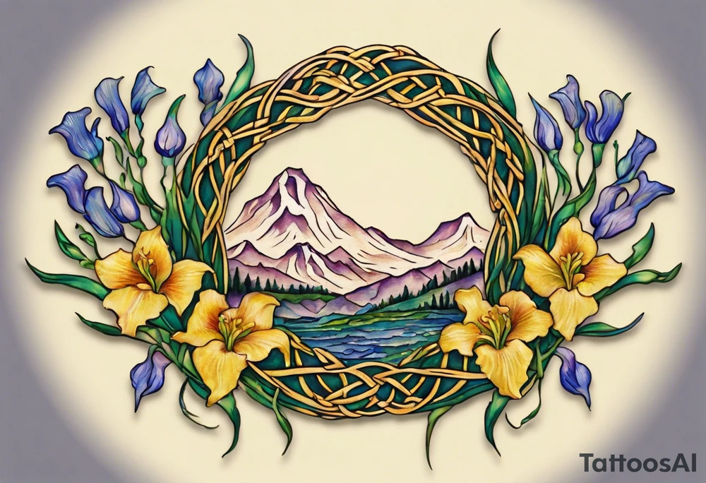 Create a small, colorful Vincent van Gogh Irises tattoo in the form of a crescent, with vines in Celtic knot style gracefully intertwining at a central point in the middle of the wreath. The intended placement is on the upper chest. The middle needs mountains. The overall design should be small in size while maintaining a delicate and artistic aesthetic. Pay attention to the graceful flow of the vines and the placement of the irises to achieve a refined and elegant look. tattoo idea