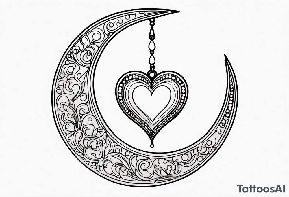 Crescent moon with heart shaped jewels dangling from the bottom of it tattoo idea