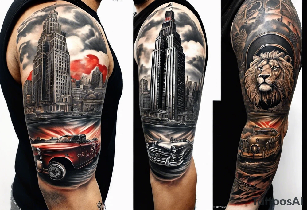 Full Leg sleeve. Red Tails African American Air Force, Buffalo Soldiers African American Army and Uss Mason African American Navy. with Kansas City Skyline and buildings intertwined and a Lion tattoo idea
