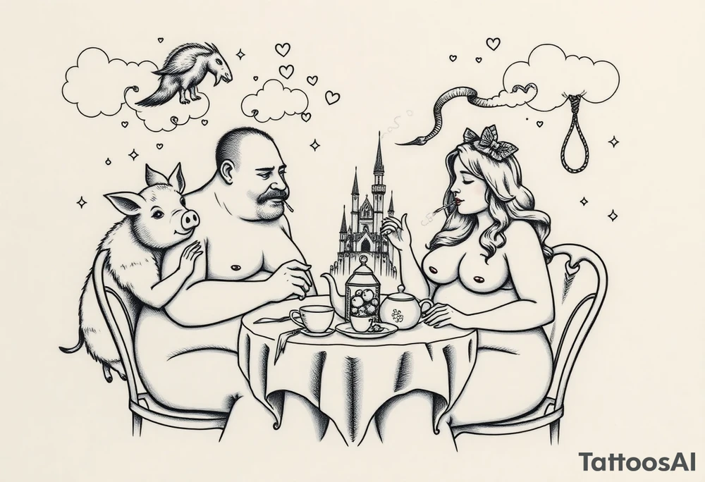 Naked Man and fat woman having sex eating cupcakes and  fruit  having sexy naked fat lady having a tea party with tea pots  swith fancy castle  
with mystical  a pigs, peacock,  lion, goat, noose and smoking cigerettes looking in the mirror thru storm clouds and broken hearts and darkness and wrath, envy , gluttony, greed, sloth, pride . Gothic tattoo idea