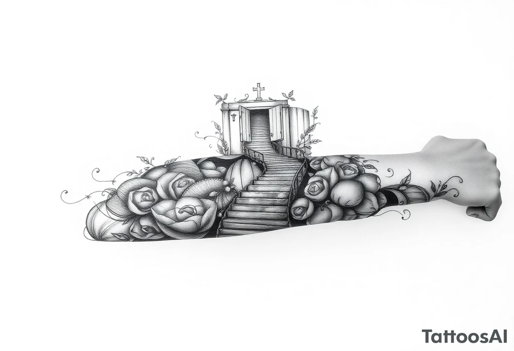 Black and grey sleeve of a labrynth of stairs tattoo idea
