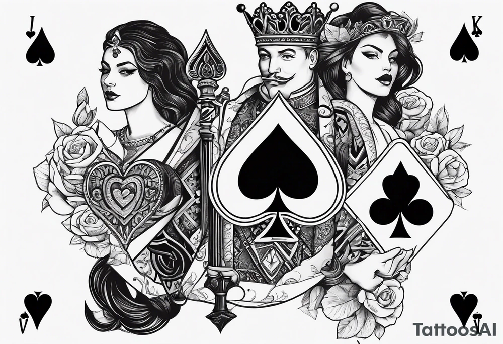 one playing card with both queen of hearts and king of spades incorporated in extreme minimalistic style tattoo idea