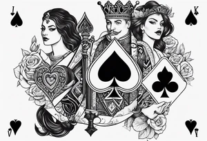 one playing card with both queen of hearts and king of spades incorporated in extreme minimalistic  style tattoo idea