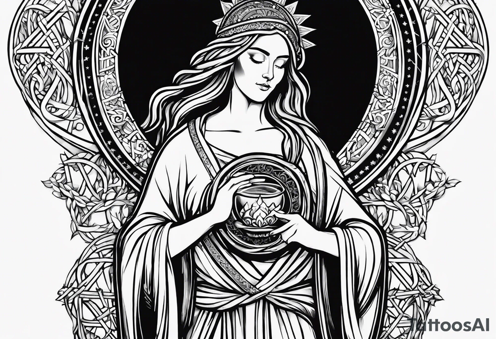 A full back piece themed on the surname mcbride and the irish saint brigid. It should take inspiration from artwork of saint brigid holding fire in her hands. It should have the text Vincit Pericula Virtus on it tattoo idea