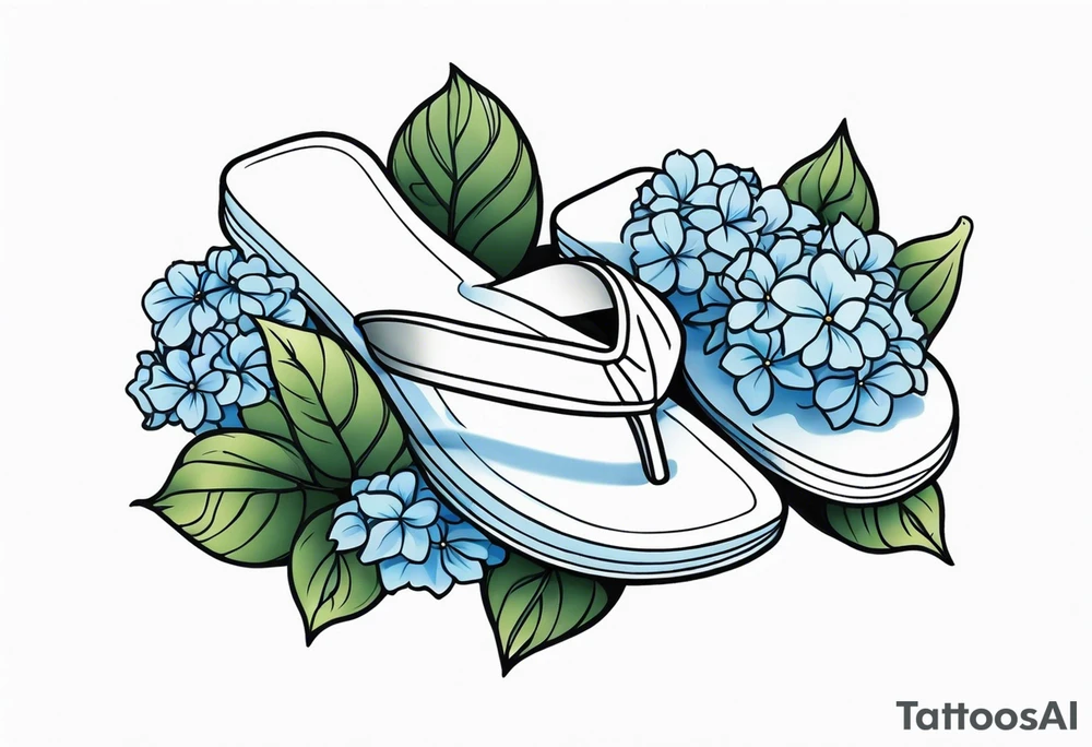 small tattoo of a light blue flip flop surrounded by blue hydrangea flowers tattoo idea