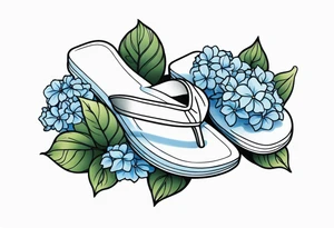 small tattoo of a light blue flip flop surrounded by blue hydrangea flowers tattoo idea