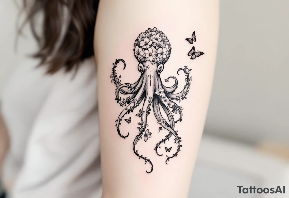 A simple fine-line tattoo design of a single octopus made entirely of flowers and butterflies. The octopus’s tentacles are shaped like flowing floral vines with leaves and petals, and its body is composed of overlapping blossoms and butterfly wings. Incorporate sacred geometry. The style is minimalist, elegant, and nature-inspired, with delicate black and grey lines, soft shading, and no outlines. No aquatic or marine elements besides the floral octopus. Simple. The design flows organically down the upper arm or shoulder, with a light, airy feel, minimalist tattoo idea
