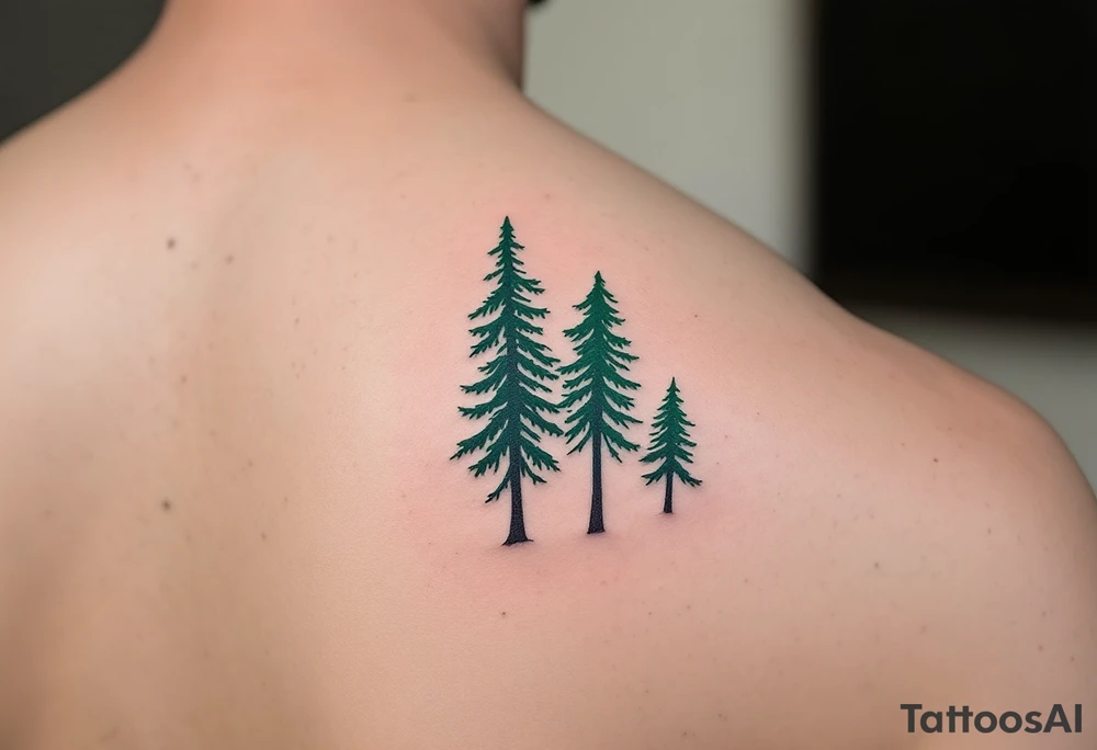 Two matching pine trees in forest green ink, the first taller and on the back, the second smaller and on the inner arm. tattoo idea