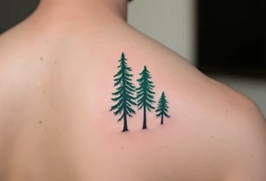 Two matching pine trees in forest green ink, the first taller and on the back, the second smaller and on the inner arm. tattoo idea