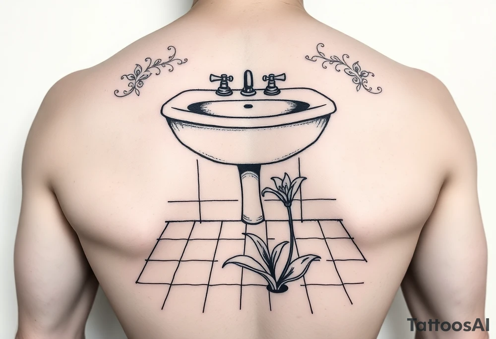bathroom sink on tile floor with lily coming up out of the floor tattoo idea