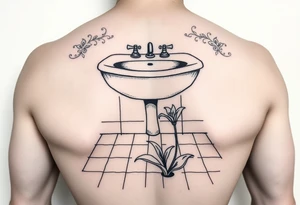 bathroom sink on tile floor with lily coming up out of the floor tattoo idea