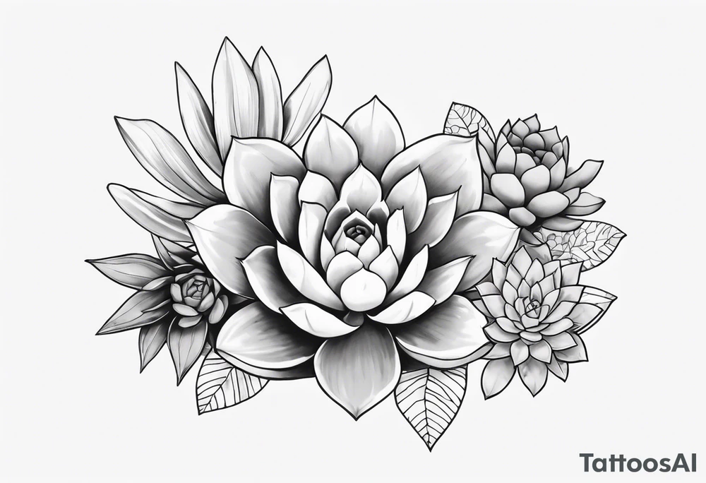 fine line. one big succulent in the middle. Two smaller succulents on the side. Dots and floral
. Sternum tattoo grey scale shading tattoo idea
