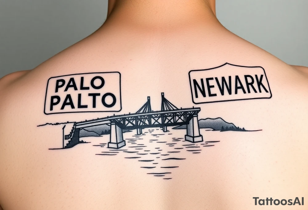East Palo Alto city sign and Newark city sign on opposite sides of a bridge going across water in California tattoo idea