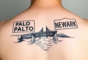 East Palo Alto city sign and Newark city sign on opposite sides of a bridge going across water in California tattoo idea