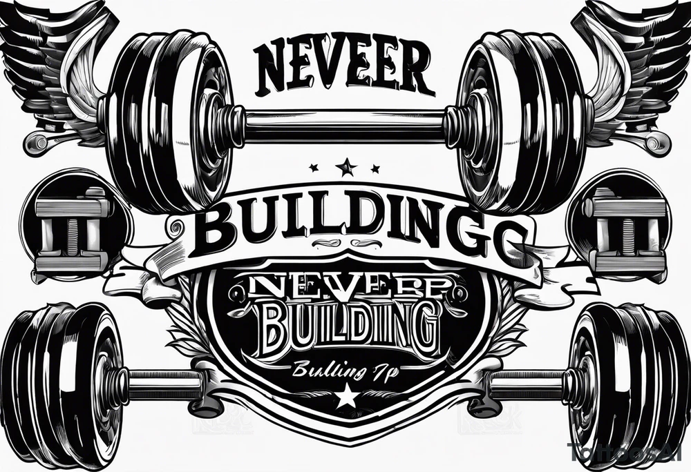 The text "Never Stop Building" with an image of a dumbell and angle brackets tattoo idea