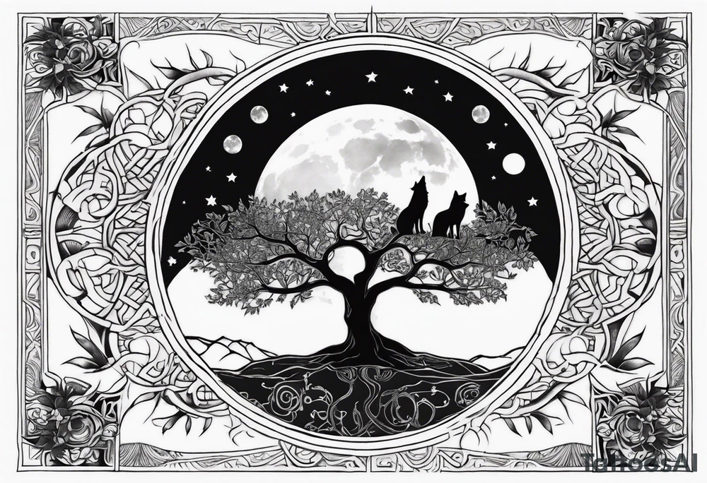 tree of life with wolves and the moon tattoo idea