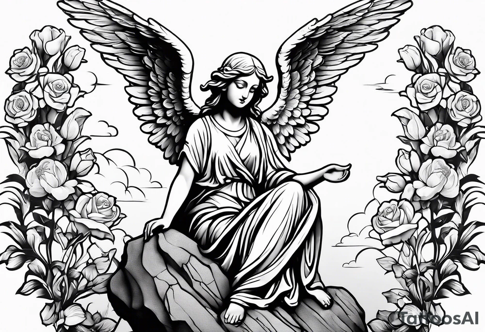 Simple Angel statue stood on a rock with daffodils and roses wrapped around its legs tattoo idea