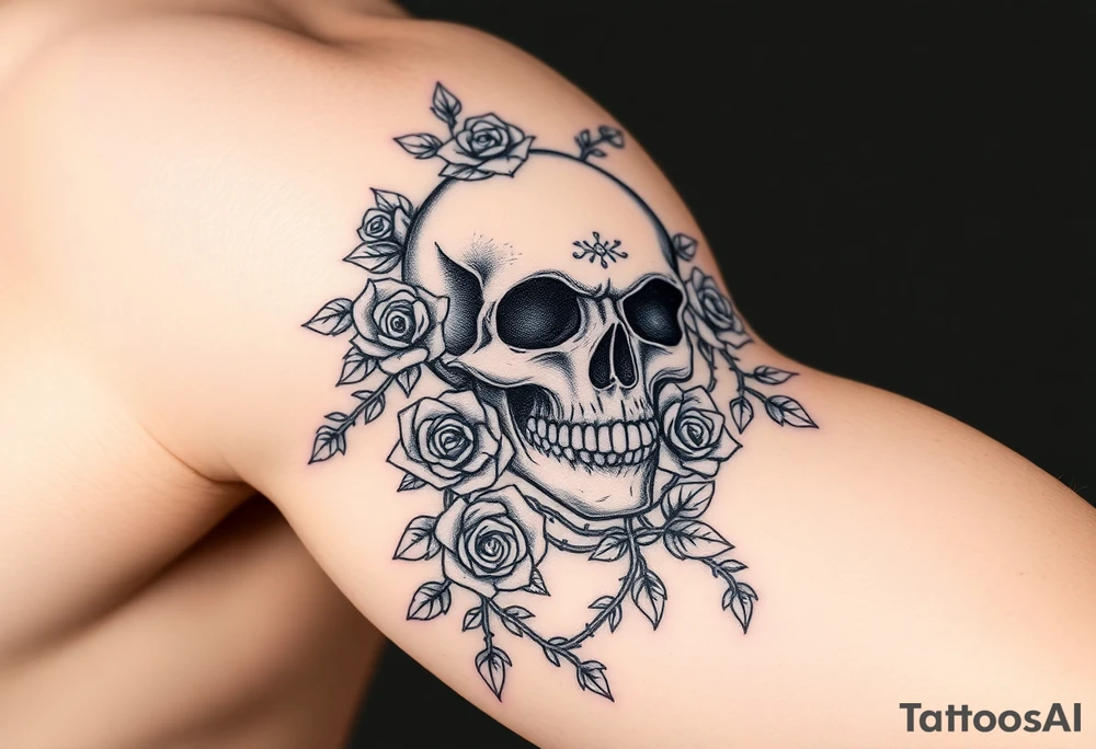 gothic skull intertwined with climbing roses and thorny vines tattoo idea