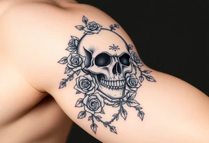 gothic skull intertwined with climbing roses and thorny vines tattoo idea