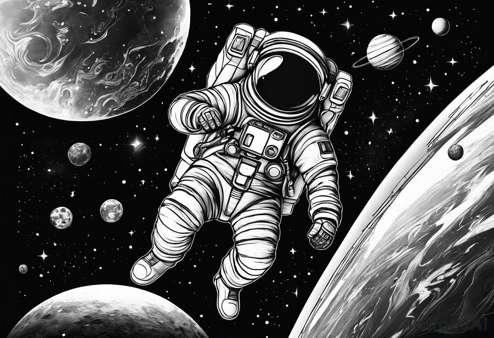 An astronaut floating in space with planets around him tattoo idea An astronaut floating in space with planets around him tattoo idea