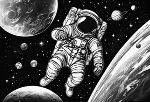 An astronaut floating in space with planets around him tattoo idea