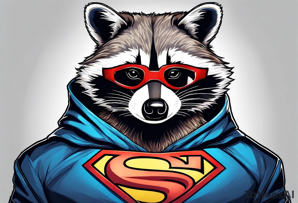 raccoon wearing a Superman hoodie tattoo idea