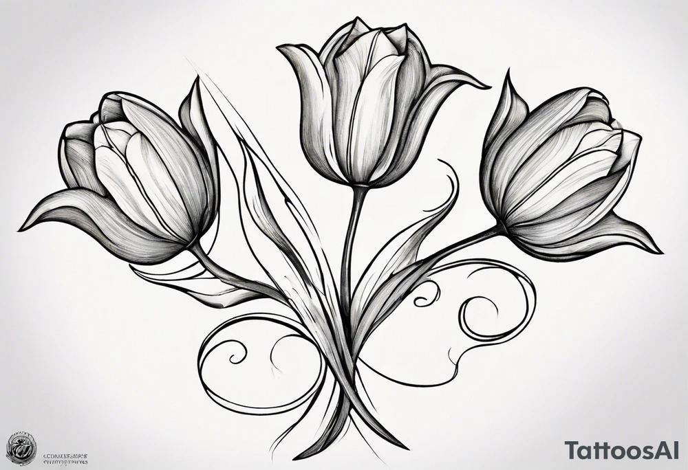 Generate a compelling tattoo design featuring three tulips with intertwining stems. Emphasize the graceful entwining of the stems, creating a harmonious and visually captivating composition. Each tulip should showcase distinct characteristics, from the delicate curves of the petals to the intricate details of the stamen. Consider incorporating elements that symbolize unity, growth, and interconnectedness. Capture the essence of nature's beauty while ensuring the overall design is balanced and aesthetically pleasing. tattoo idea