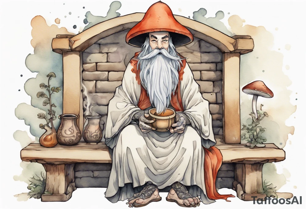 a mushroom-creature with a long beard wearing a  medieval tunic sitting on a bench by a fireplace drinking from a wood cup, happy tattoo idea