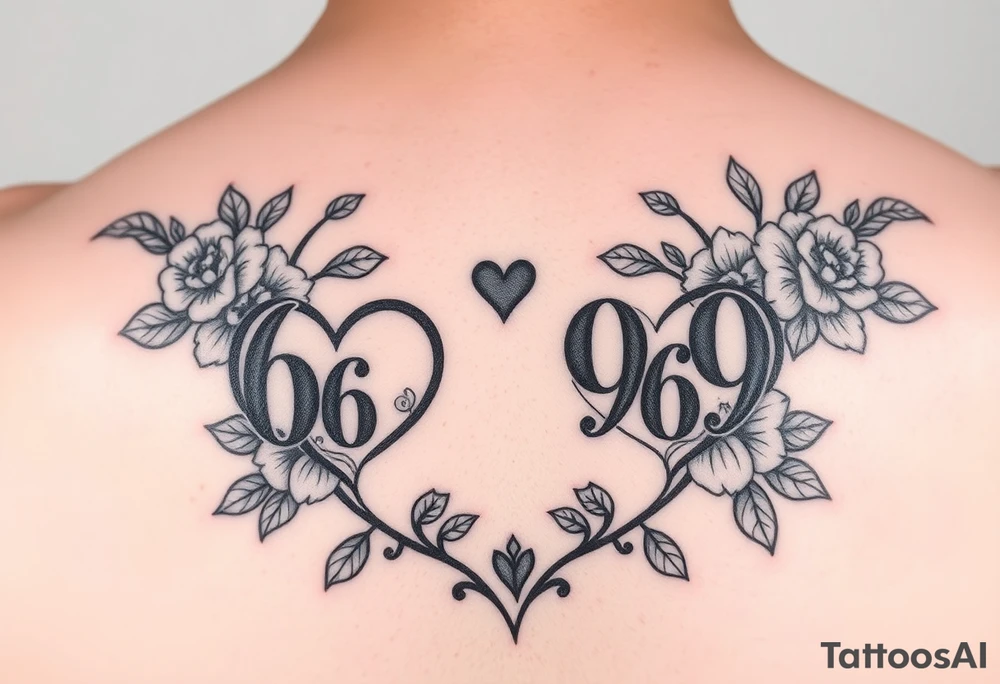 Meaningful tattoo for grandparents with numbers 6669 and 9696 hearts and flowers tattoo idea
