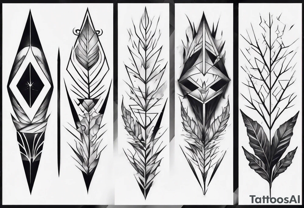 full arm tattoo. scary pointy leaves combined with geometric shapes. whole arm tattoo idea