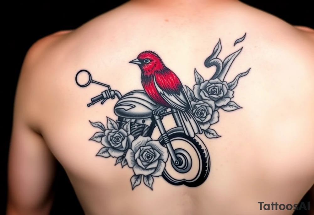 Motorcycle, roses surrounding with lacey type flames, red bird looking so peaceful tattoo idea