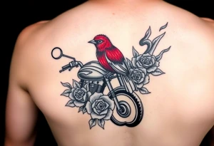Motorcycle, roses surrounding with lacey type flames, red bird looking so peaceful tattoo idea