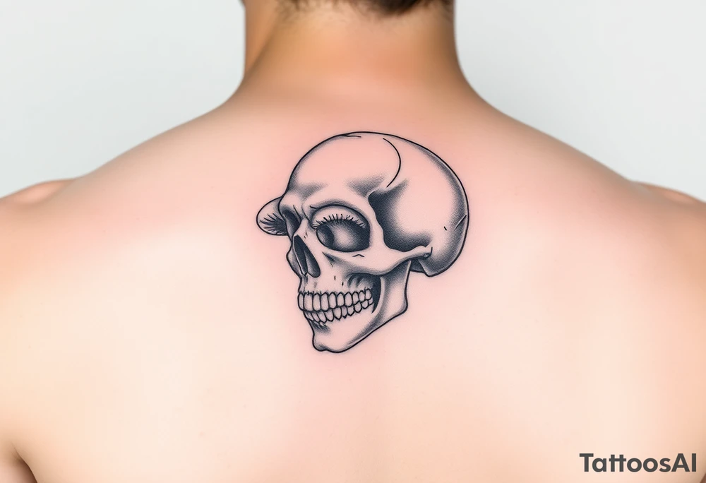 right side of a skull with mushroom out of its eyes tattoo idea