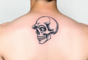 right side of a skull with mushroom out of its eyes tattoo idea