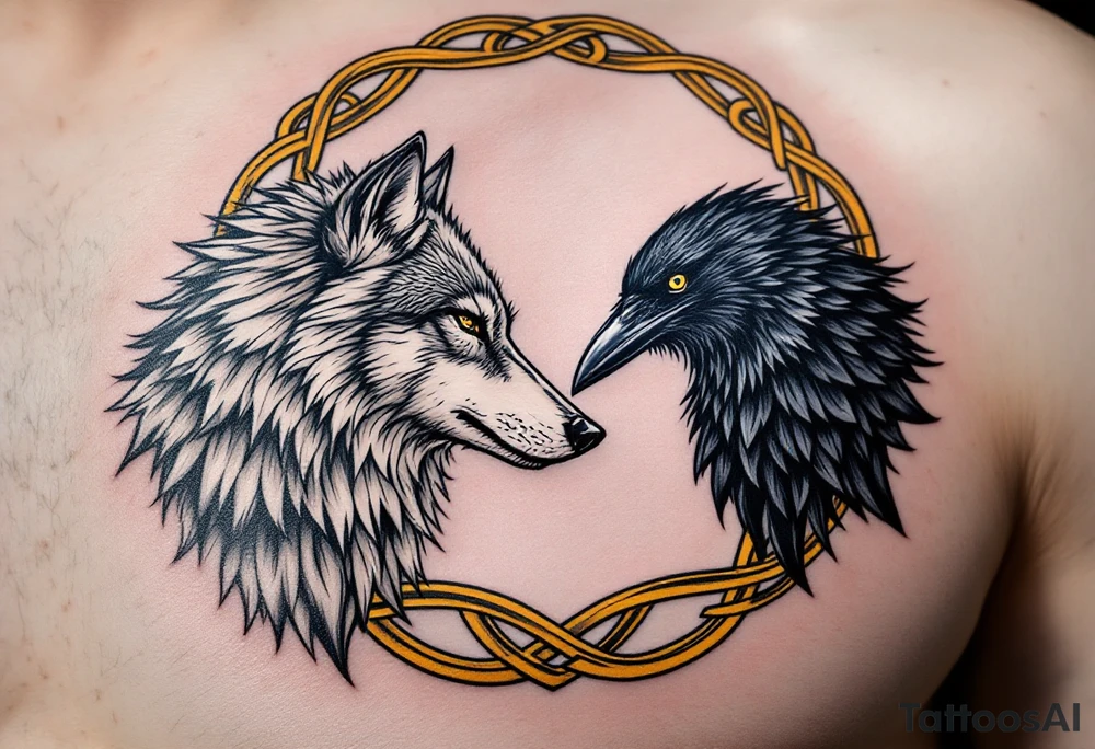 Celtic Wolf and Raven Pair – A gray-and-white wolf facing a black raven, both surrounded by interlocked golden Celtic knot patterns forming a circle. tattoo idea