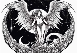 Devil in form of half snake half male angel surround the moon in the night sky tattoo idea