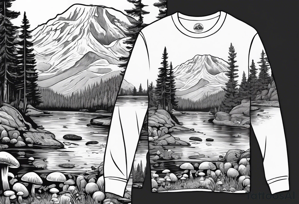 Whole picture encircled fully

Straight long blonde hair hippie girl in distance holding mushrooms in hand facing away toward mountains and creek surrounded by mushrooms long sleeve shirt and hiking pants; whole rendering within a full circle, no cut off circle tattoo idea