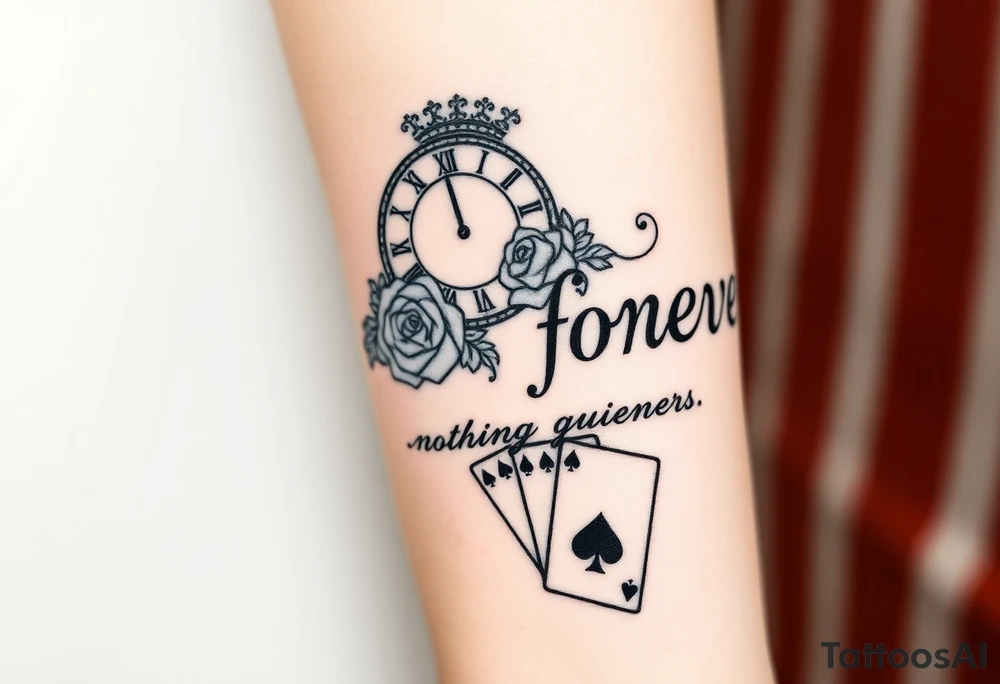 Roman clock with roses and a crown,  a quote that says nothings forever. and on the bottom a deck of cards gangster chicano style tattoo idea