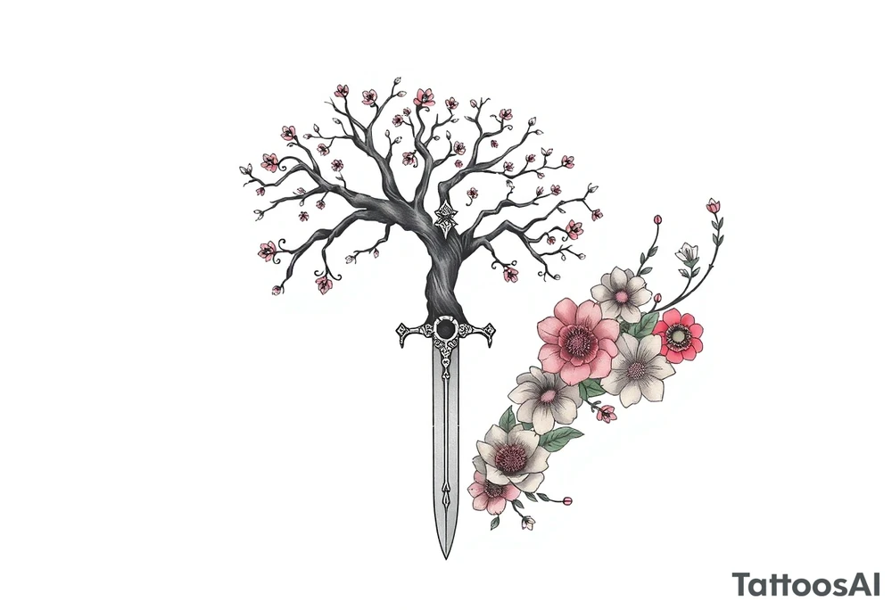 based on the Lord of the rings movies with the tree of Gondor, the Evenstar necklace, the sword Narsil, and flowers tattoo idea