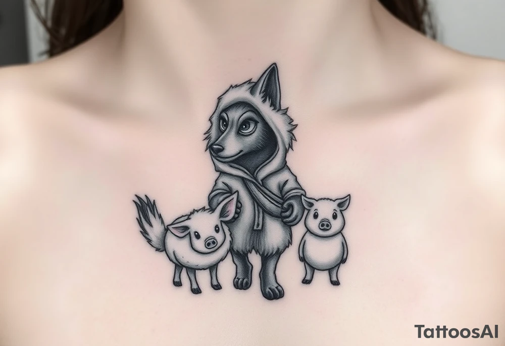 Big bad wolf in a sheep costume hunting 3 little pigs tattoo idea