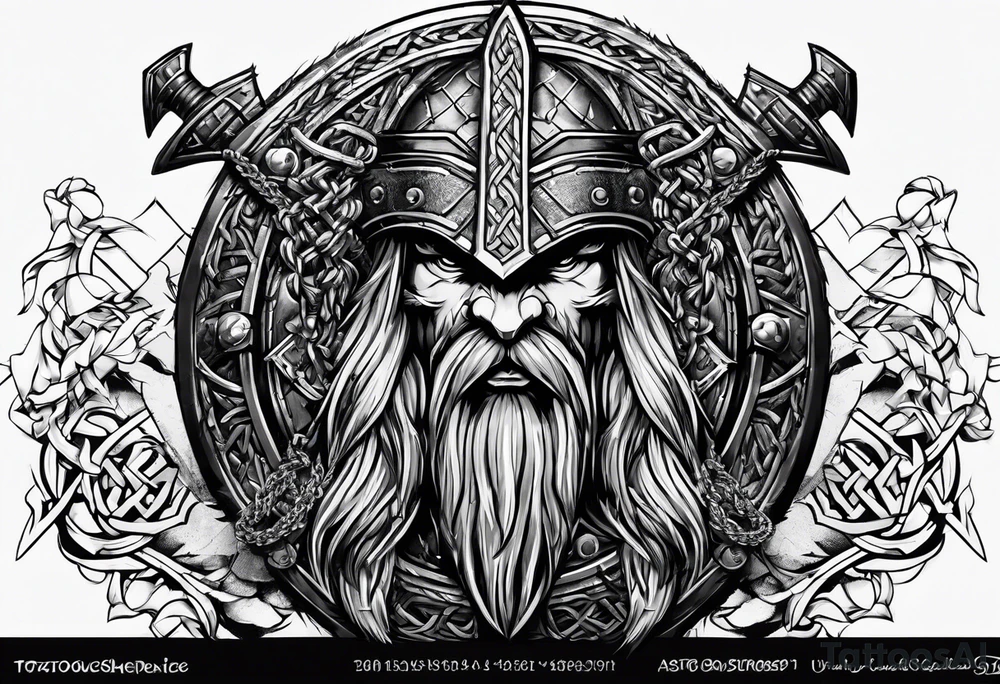 Valhalla sword shield  axe Valknut barbed wire chains tattoo idea