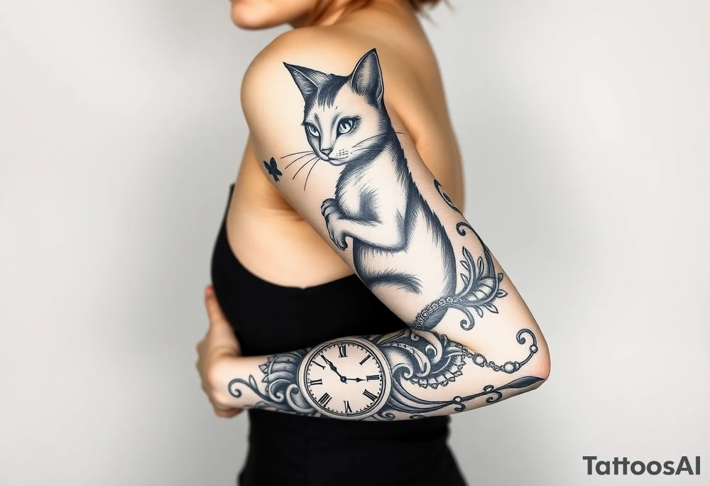 alice in womderland the chestire cat mad hatter and clock tattoo idea